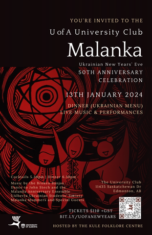 Black poster with a red picture of malanka celebrations and an event description.