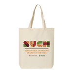Natural colour tote bag with a large "SUCH - Sustainable Ukrainian Canadian Heritage" logo, and two small logos underneath: "Kule Folklore Centre" and "University of Alberta".
