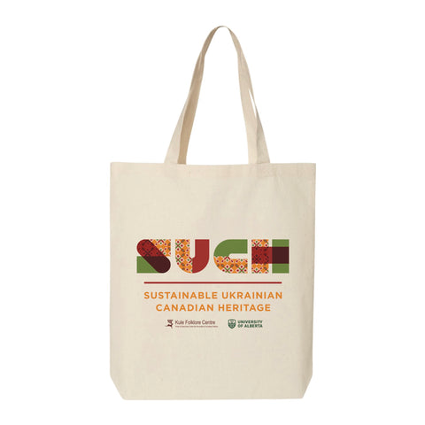 Natural colour tote bag with a large "SUCH - Sustainable Ukrainian Canadian Heritage" logo, and two small logos underneath: "Kule Folklore Centre" and "University of Alberta".